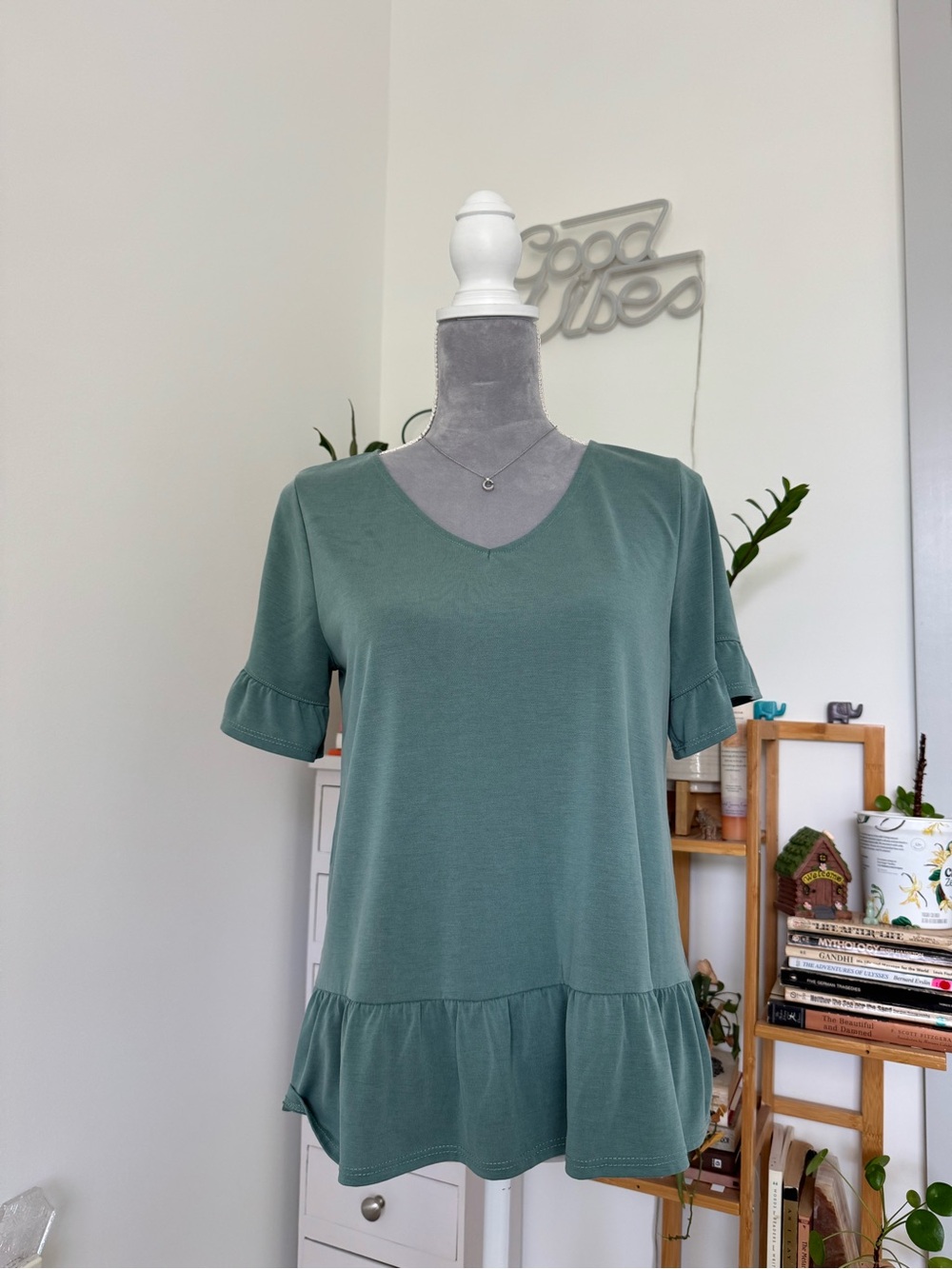 Women's Sage Green Ruffle-Hem V-Neck Top